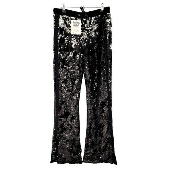 New Pam & Gela Black Sequin Flared Velour Pants Medium Mirror Ball Theme - Picture 5 of 9